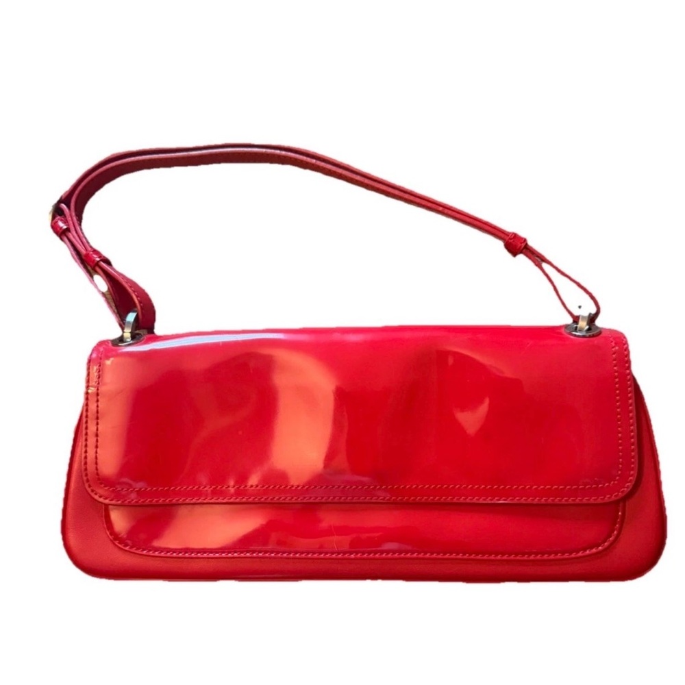 Ann Taylor Red Patent Leather Shoulder Bag Baguette Purse Gold Hardware Y2K